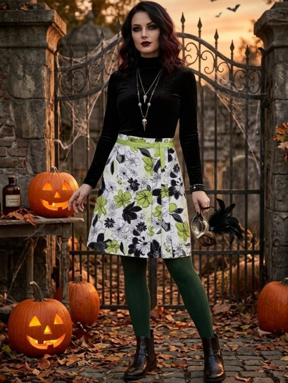 Vintage Jessica Skirt with Black and Green Floral Print